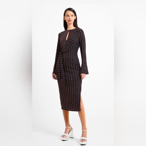 NWT French Connection PAULA KEYHOLE DRESS Midi dresses sz S black stripe party - Picture 1 of 15